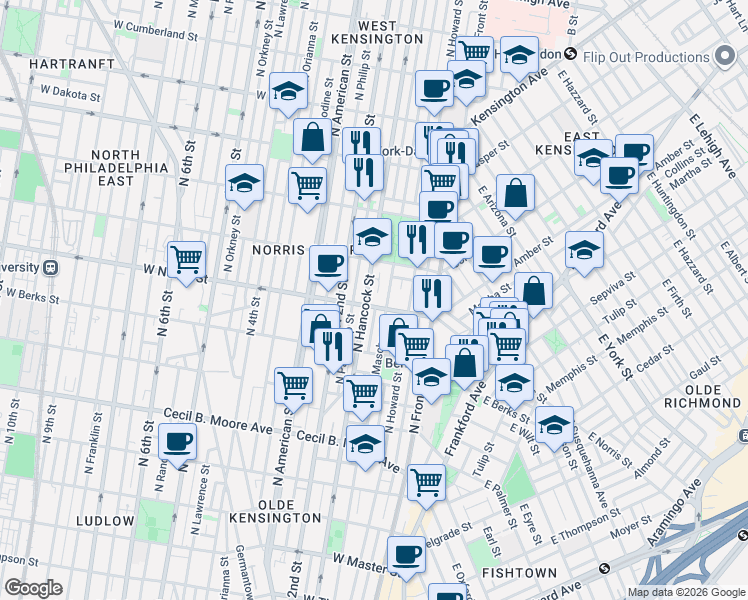 map of restaurants, bars, coffee shops, grocery stores, and more near 2011 North Mascher Street in Philadelphia