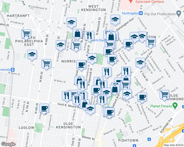 map of restaurants, bars, coffee shops, grocery stores, and more near 2013 Palethorp Street in Philadelphia