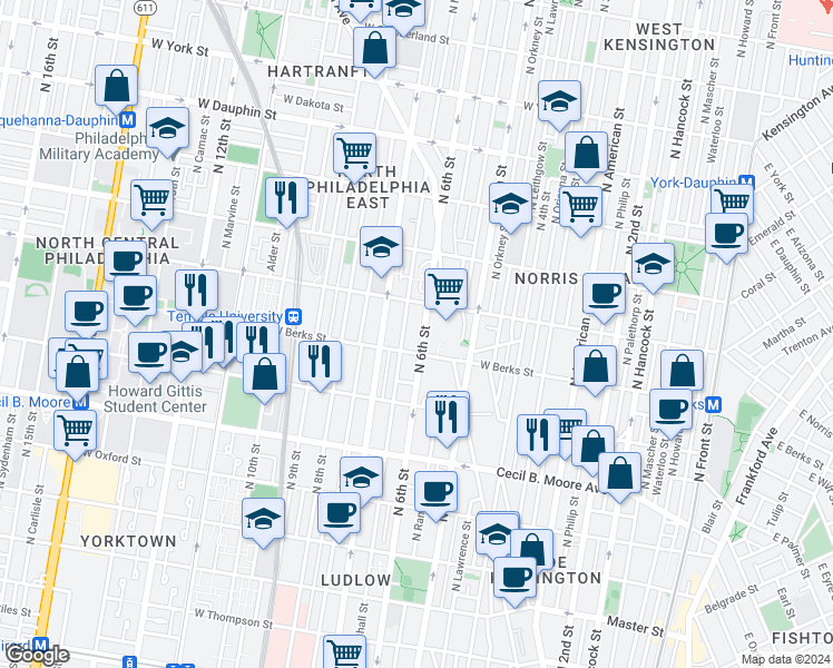 map of restaurants, bars, coffee shops, grocery stores, and more near 1930 North Marshall Street in Philadelphia