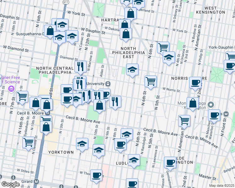 map of restaurants, bars, coffee shops, grocery stores, and more near in Philadelphia