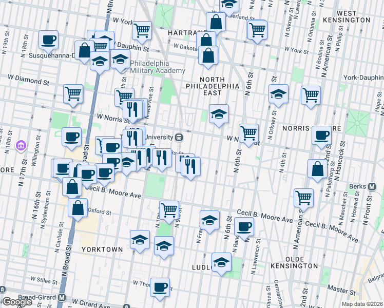 map of restaurants, bars, coffee shops, grocery stores, and more near in Philadelphia