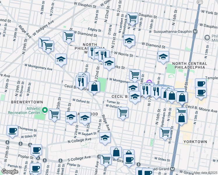 map of restaurants, bars, coffee shops, grocery stores, and more near 1714 North Woodstock Street in Philadelphia