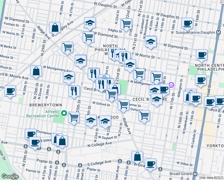 map of restaurants, bars, coffee shops, grocery stores, and more near in Philadelphia