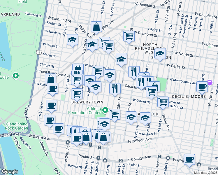map of restaurants, bars, coffee shops, grocery stores, and more near 2519 Cecil B. Moore Avenue in Philadelphia