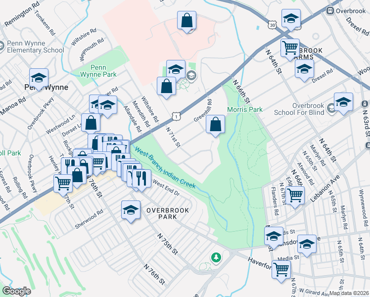 map of restaurants, bars, coffee shops, grocery stores, and more near 7054 Sherwood Road in Philadelphia