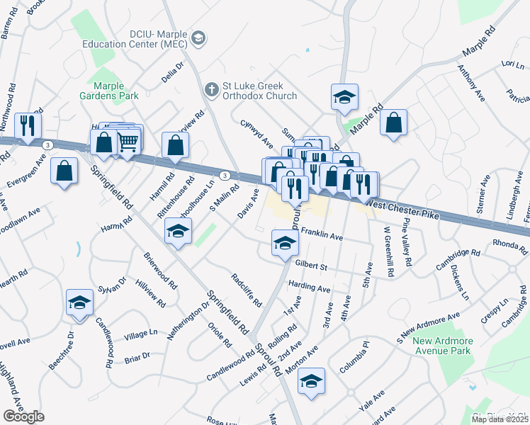 map of restaurants, bars, coffee shops, grocery stores, and more near 2630 West Chester Pike in Broomall