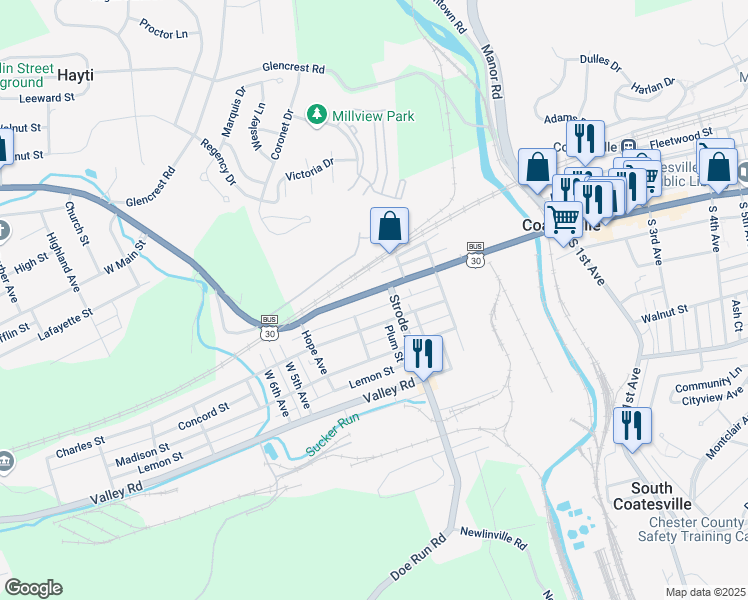 map of restaurants, bars, coffee shops, grocery stores, and more near 355 West Lincoln Highway in Coatesville