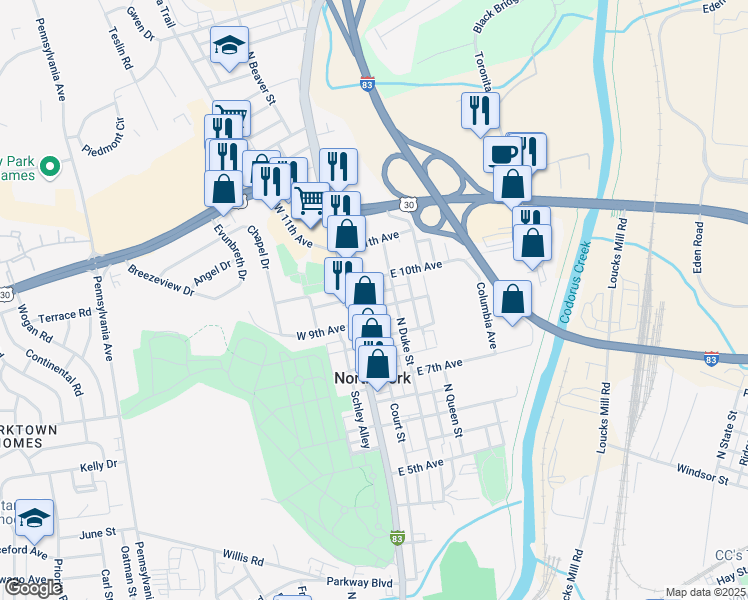 map of restaurants, bars, coffee shops, grocery stores, and more near 10TH North East Street in York