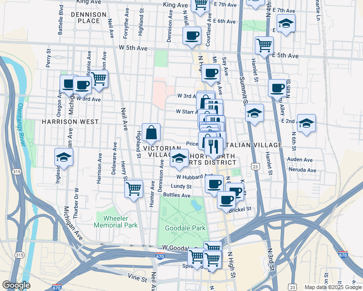 map of restaurants, bars, coffee shops, grocery stores, and more near 98 Price Avenue in Columbus