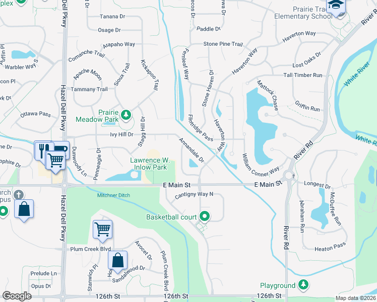 map of restaurants, bars, coffee shops, grocery stores, and more near 5803 Annandale Drive in Carmel