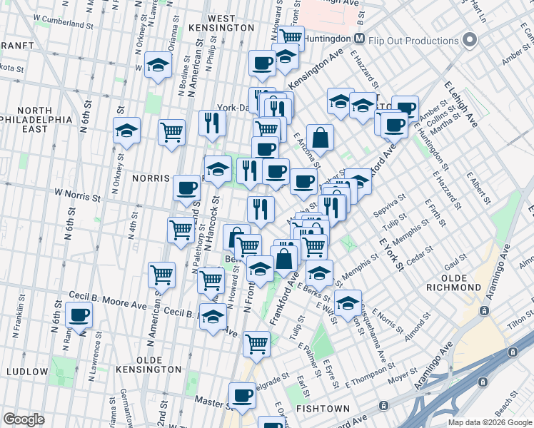 map of restaurants, bars, coffee shops, grocery stores, and more near 2017 North Front Street in Philadelphia