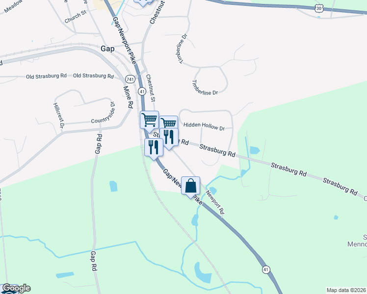 map of restaurants, bars, coffee shops, grocery stores, and more near 5414 Strasburg Road in Gap