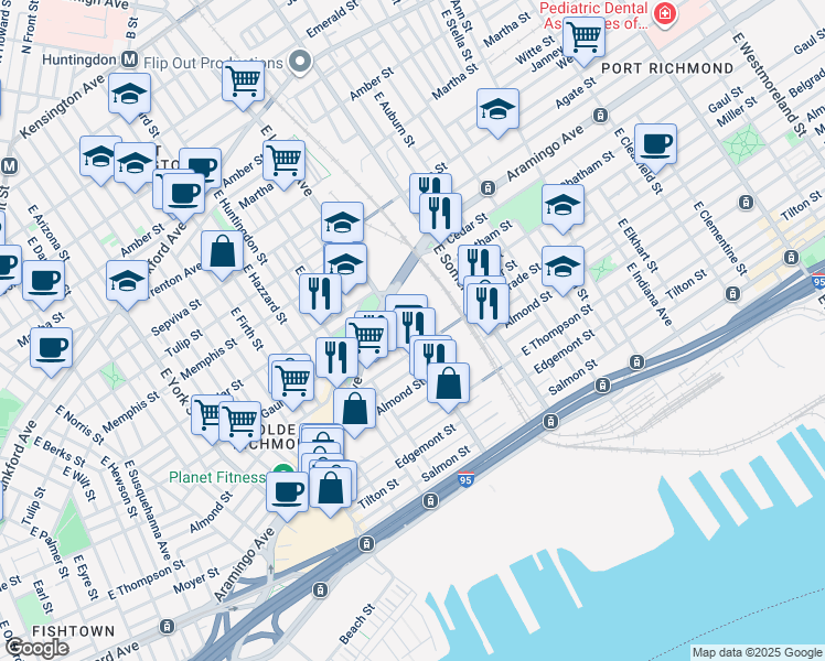 map of restaurants, bars, coffee shops, grocery stores, and more near 2519 East Lehigh Avenue in Philadelphia