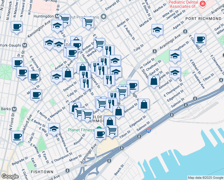 map of restaurants, bars, coffee shops, grocery stores, and more near 2405 East Harold Street in Philadelphia