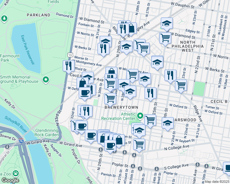 map of restaurants, bars, coffee shops, grocery stores, and more near 1612 North Dover Street in Philadelphia