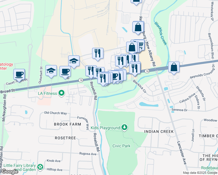 map of restaurants, bars, coffee shops, grocery stores, and more near 6867 East Broad Street in Columbus