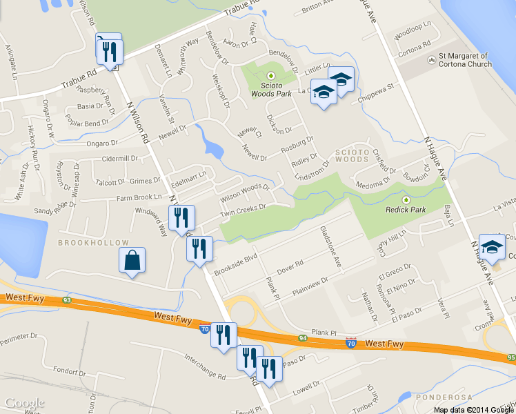 map of restaurants, bars, coffee shops, grocery stores, and more near 1433 Peachtree Court in Columbus