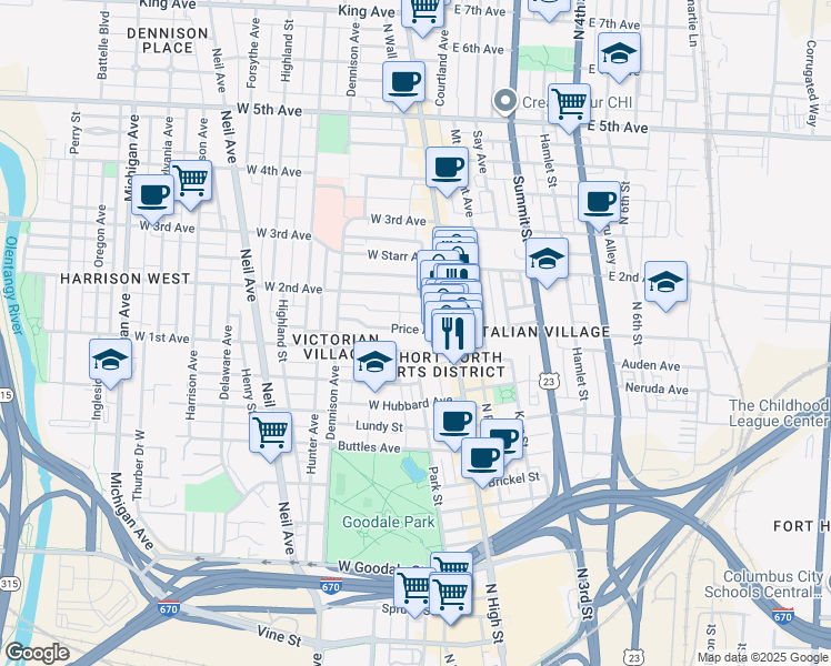 map of restaurants, bars, coffee shops, grocery stores, and more near 51 Price Avenue in Columbus