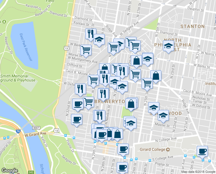 map of restaurants, bars, coffee shops, grocery stores, and more near 1612 North Dover Street in Philadelphia