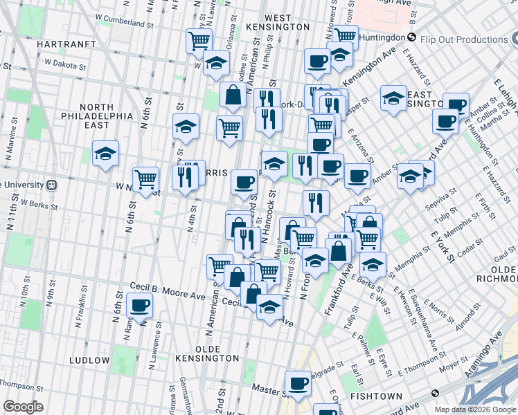 map of restaurants, bars, coffee shops, grocery stores, and more near 2000 North Palethorp Street in Philadelphia