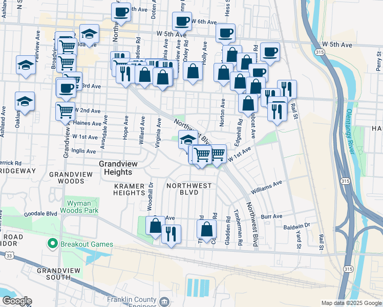 map of restaurants, bars, coffee shops, grocery stores, and more near 1096 Hilo Lane in Columbus