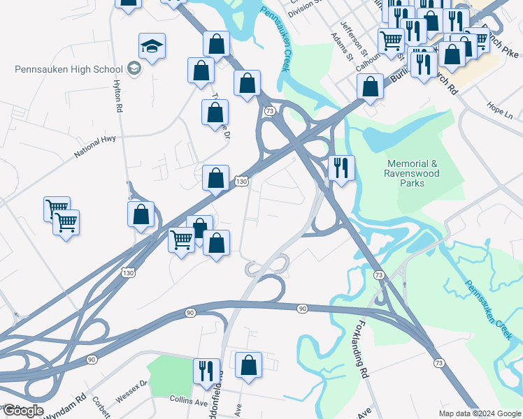 map of restaurants, bars, coffee shops, grocery stores, and more near 112 Kohlmyer Drive in Pennsauken Township