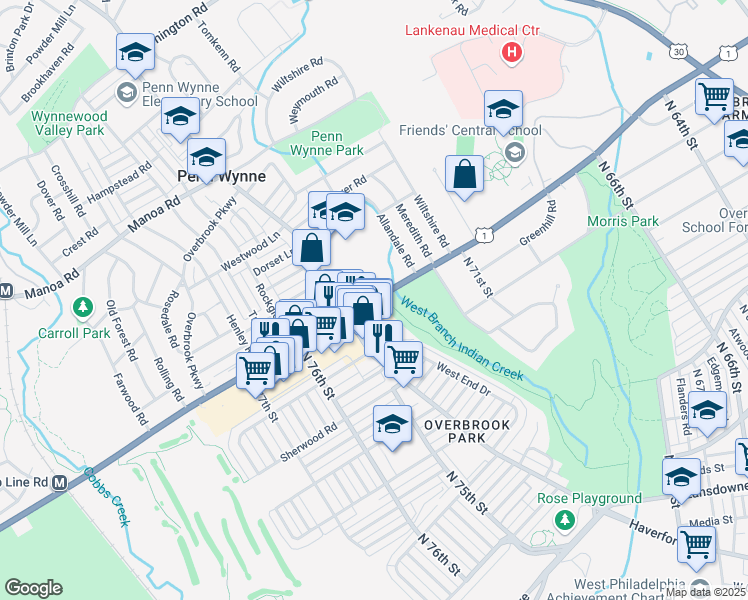 map of restaurants, bars, coffee shops, grocery stores, and more near 7250 City Avenue in Philadelphia