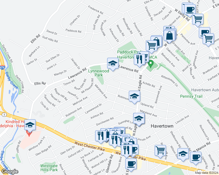 map of restaurants, bars, coffee shops, grocery stores, and more near 1426 Virginia Avenue in Havertown
