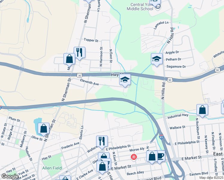 map of restaurants, bars, coffee shops, grocery stores, and more near 1406 Eleventh Avenue in York