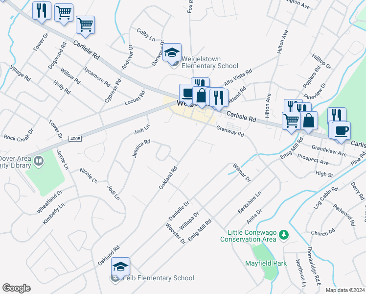 map of restaurants, bars, coffee shops, grocery stores, and more near 2530 Oakland Road in Dover