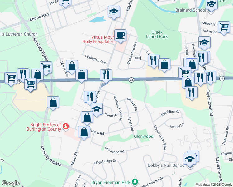 map of restaurants, bars, coffee shops, grocery stores, and more near 15 Rockland Terrace in Lumberton