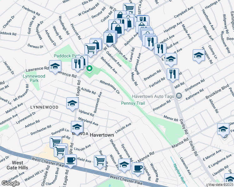 map of restaurants, bars, coffee shops, grocery stores, and more near 409 Lawrence Road in Havertown
