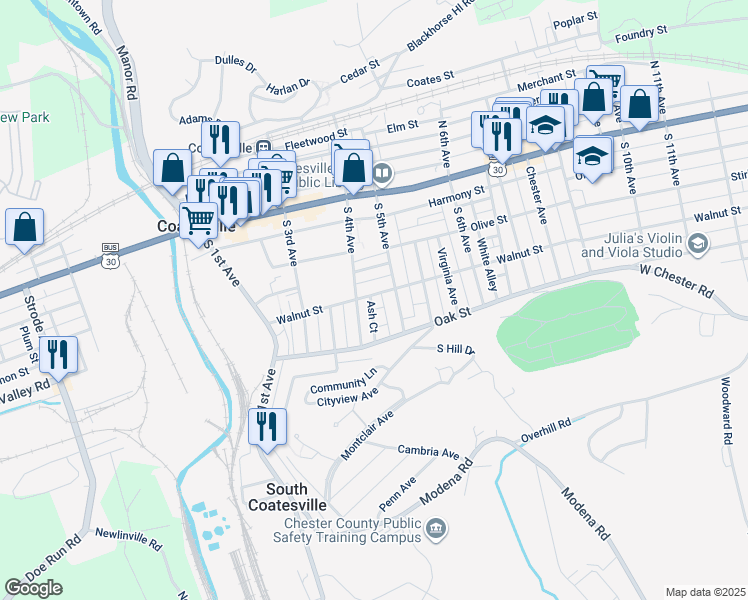 map of restaurants, bars, coffee shops, grocery stores, and more near 418 Walnut Street in Coatesville