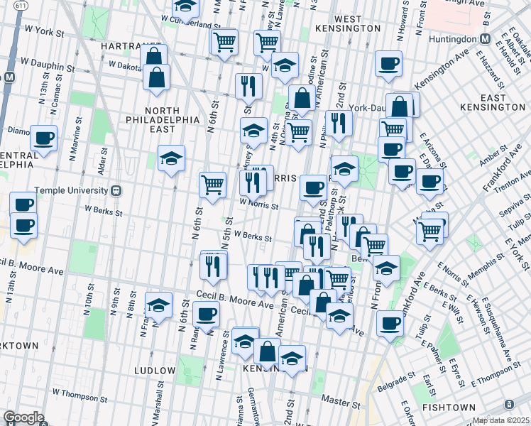 map of restaurants, bars, coffee shops, grocery stores, and more near 1947 North 4th Street in Philadelphia