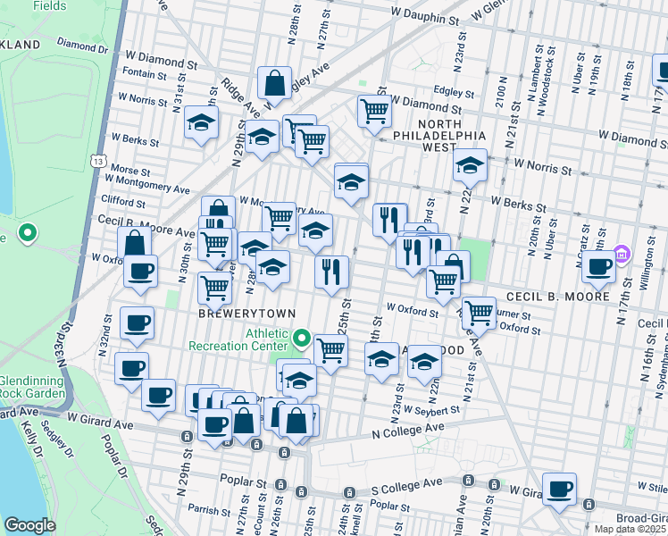 map of restaurants, bars, coffee shops, grocery stores, and more near 2525 Nicholas Street in Philadelphia