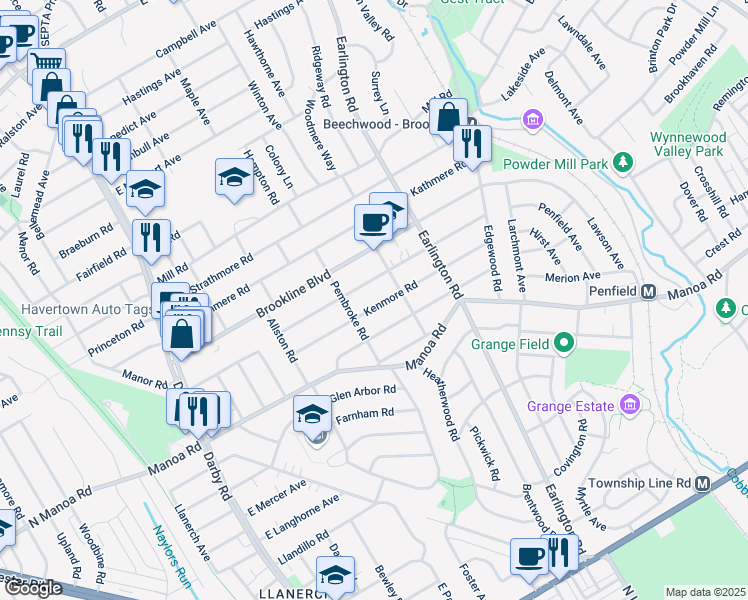 map of restaurants, bars, coffee shops, grocery stores, and more near 322 Kenmore Road in Havertown