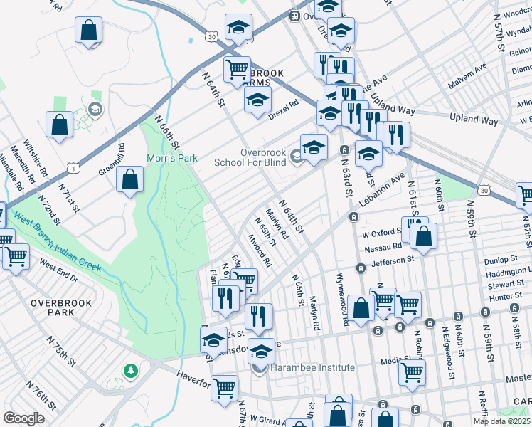 map of restaurants, bars, coffee shops, grocery stores, and more near 1244 Marlyn Road in Philadelphia