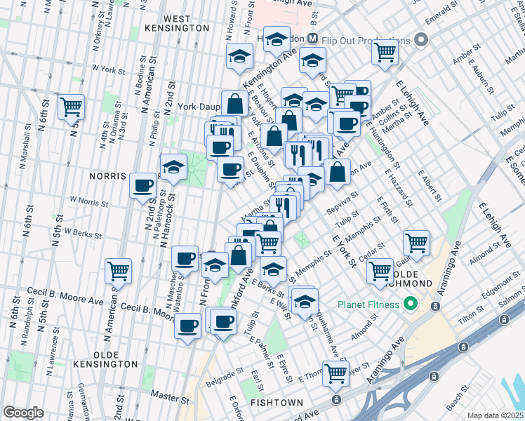 map of restaurants, bars, coffee shops, grocery stores, and more near 2121 East Susquehanna Avenue in Philadelphia