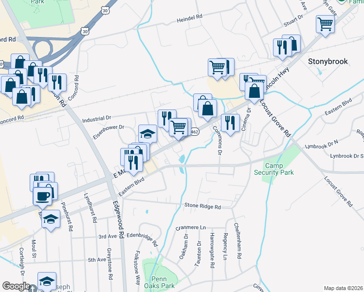 map of restaurants, bars, coffee shops, grocery stores, and more near 3560 East Market Street in York