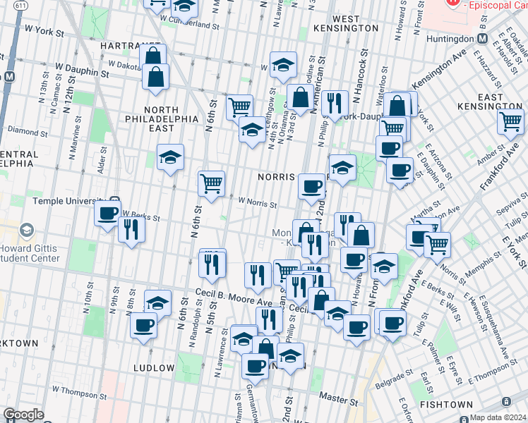 map of restaurants, bars, coffee shops, grocery stores, and more near 1947 North 4th Street in Philadelphia