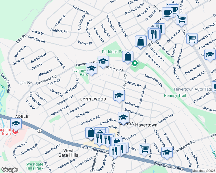 map of restaurants, bars, coffee shops, grocery stores, and more near 1356 Harrington Road in Havertown