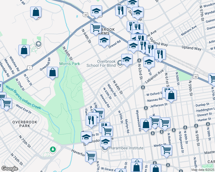 map of restaurants, bars, coffee shops, grocery stores, and more near 1244 Marlyn Road in Philadelphia