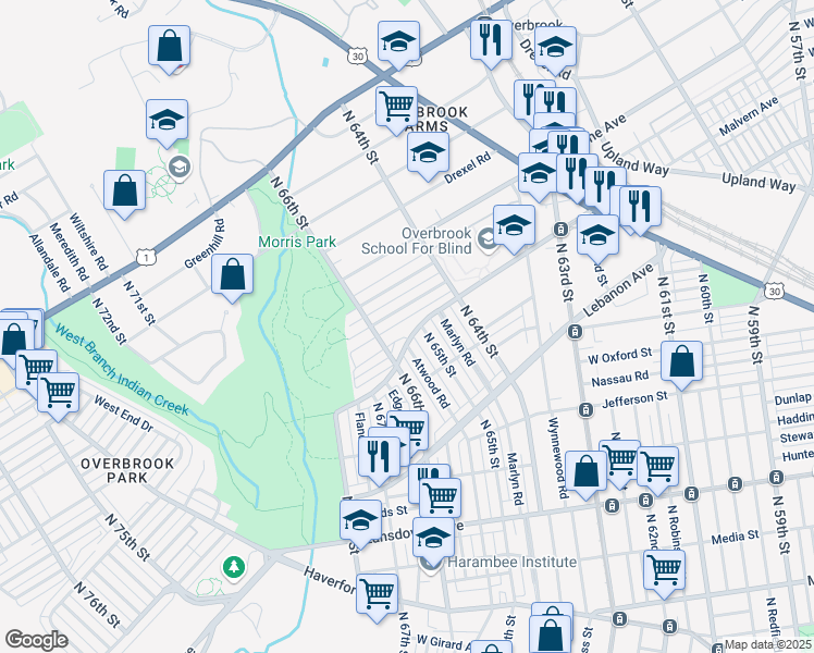 map of restaurants, bars, coffee shops, grocery stores, and more near 6457 Malvern Avenue in Philadelphia