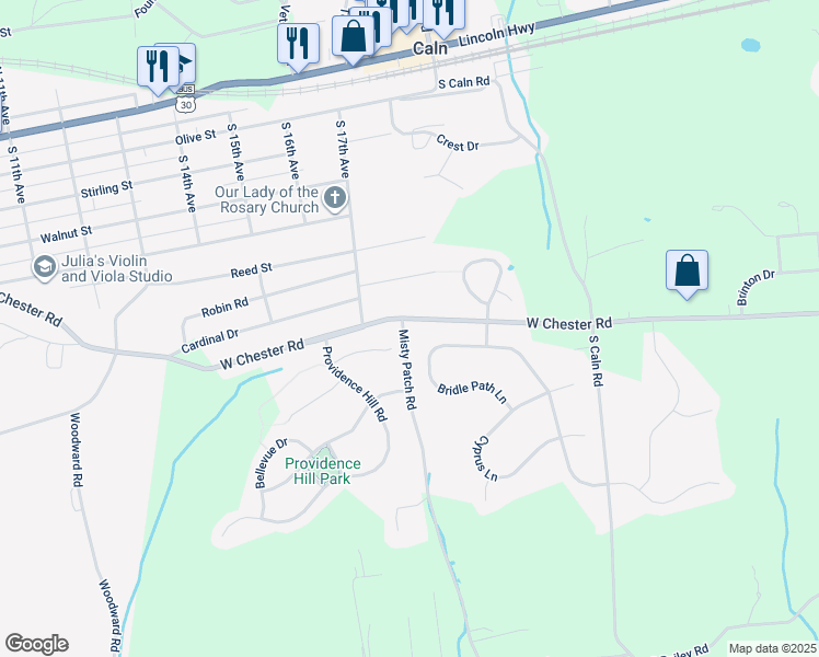 map of restaurants, bars, coffee shops, grocery stores, and more near 1800 West Chester Road in Coatesville