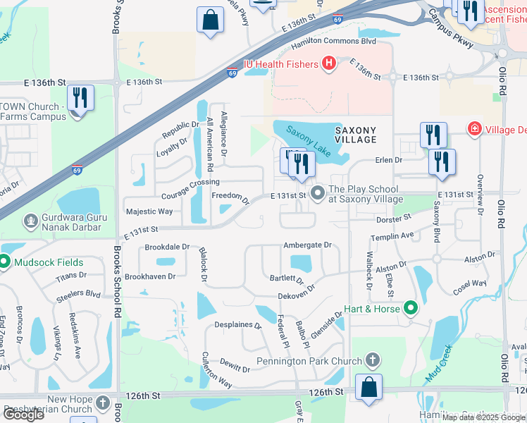 map of restaurants, bars, coffee shops, grocery stores, and more near 13167 Star Drive in Fishers