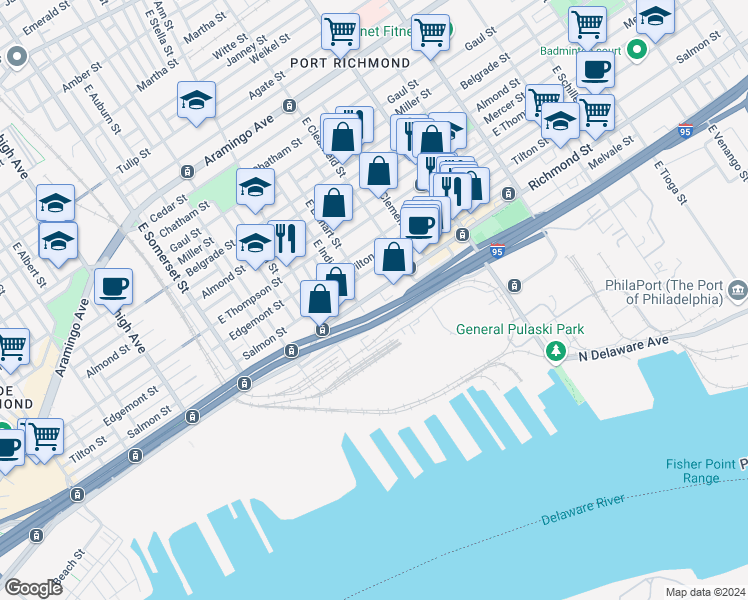 map of restaurants, bars, coffee shops, grocery stores, and more near 3015 Richmond Street in Philadelphia