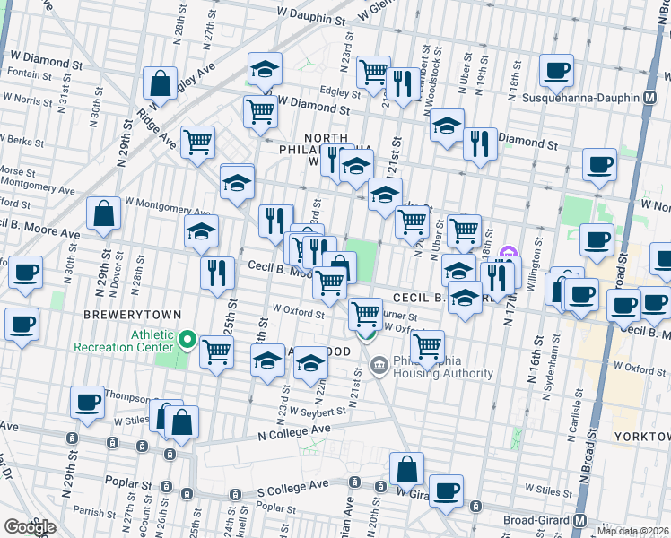 map of restaurants, bars, coffee shops, grocery stores, and more near in Philadelphia