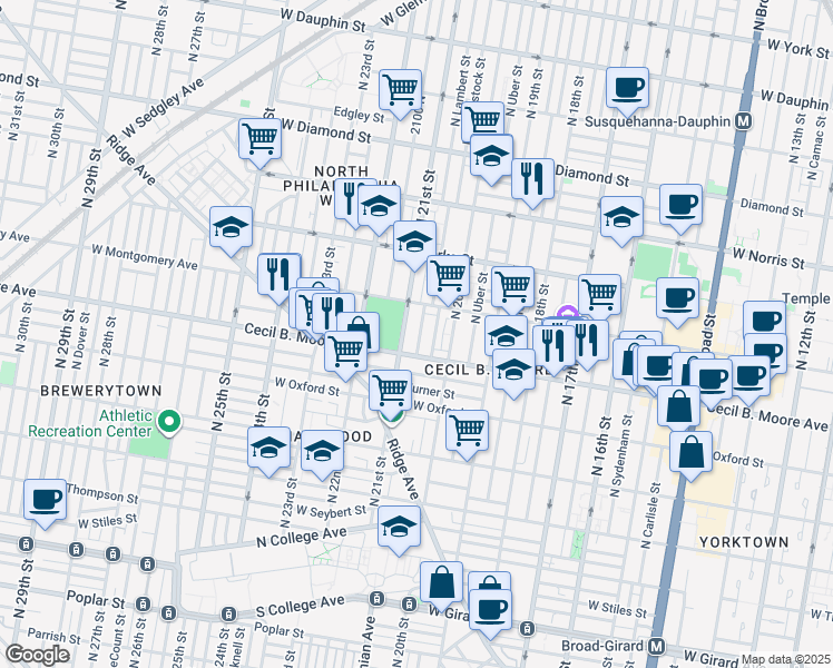 map of restaurants, bars, coffee shops, grocery stores, and more near 1714 North Woodstock Street in Philadelphia