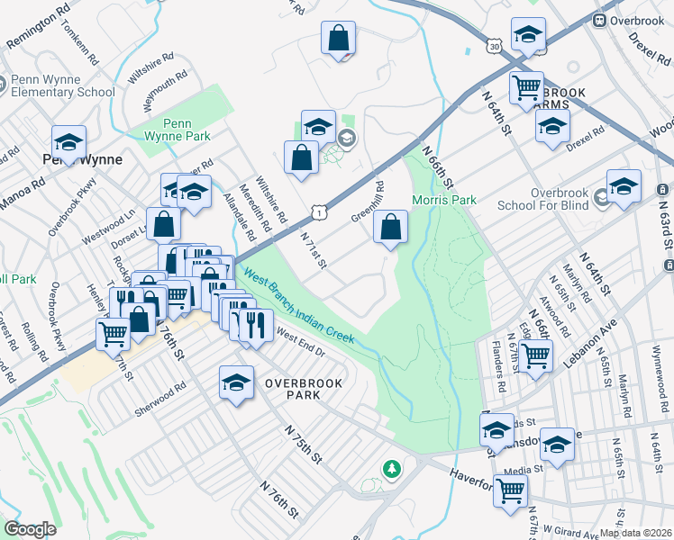 map of restaurants, bars, coffee shops, grocery stores, and more near 7054 Sherwood Road in Philadelphia