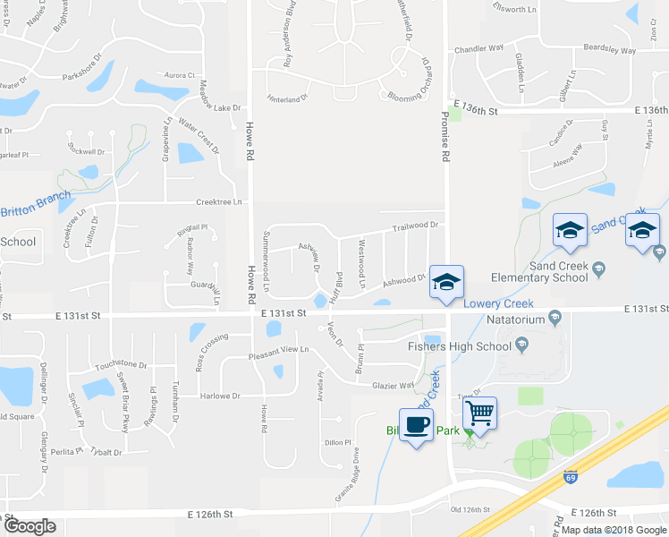map of restaurants, bars, coffee shops, grocery stores, and more near 13236 Huff Boulevard in Fishers